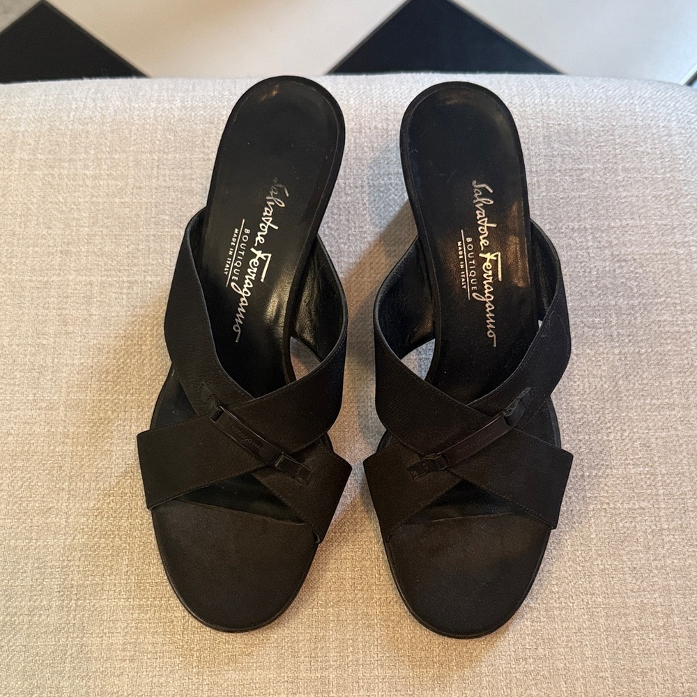 Salvatore Ferragamo Black Cross-Strap Sandals Mules